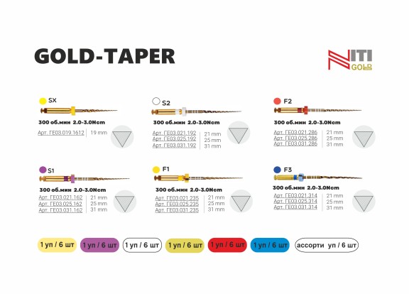 Gold-Taper (F1) - файлы для обработки корневых каналов, тип NiTi  21мм (6шт), Geosoft / Россия-Израиль